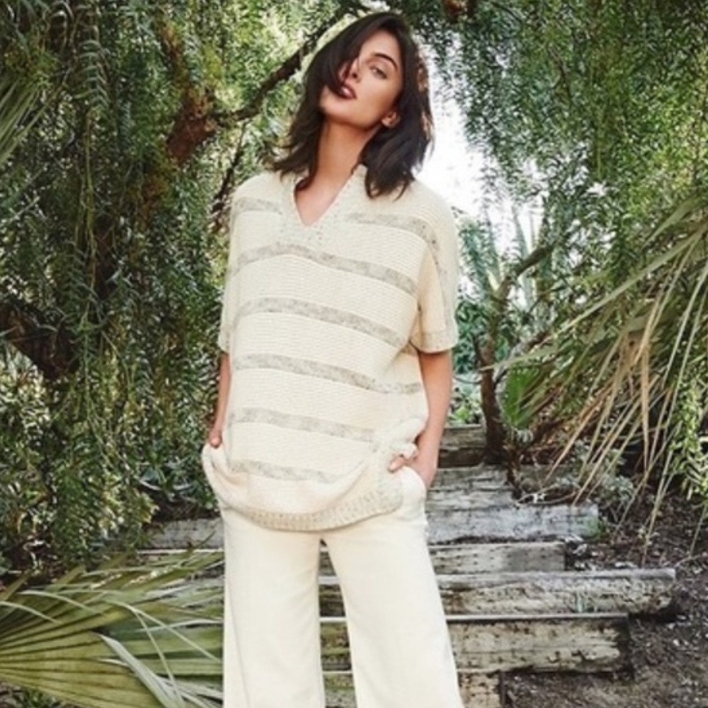VINCE Speckle Stitch Popover Sweater Top Tunic Cream Stripe S/S sz S EUC!